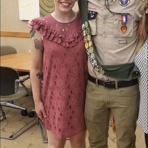 H&M divided lace ruffle bib dress rose